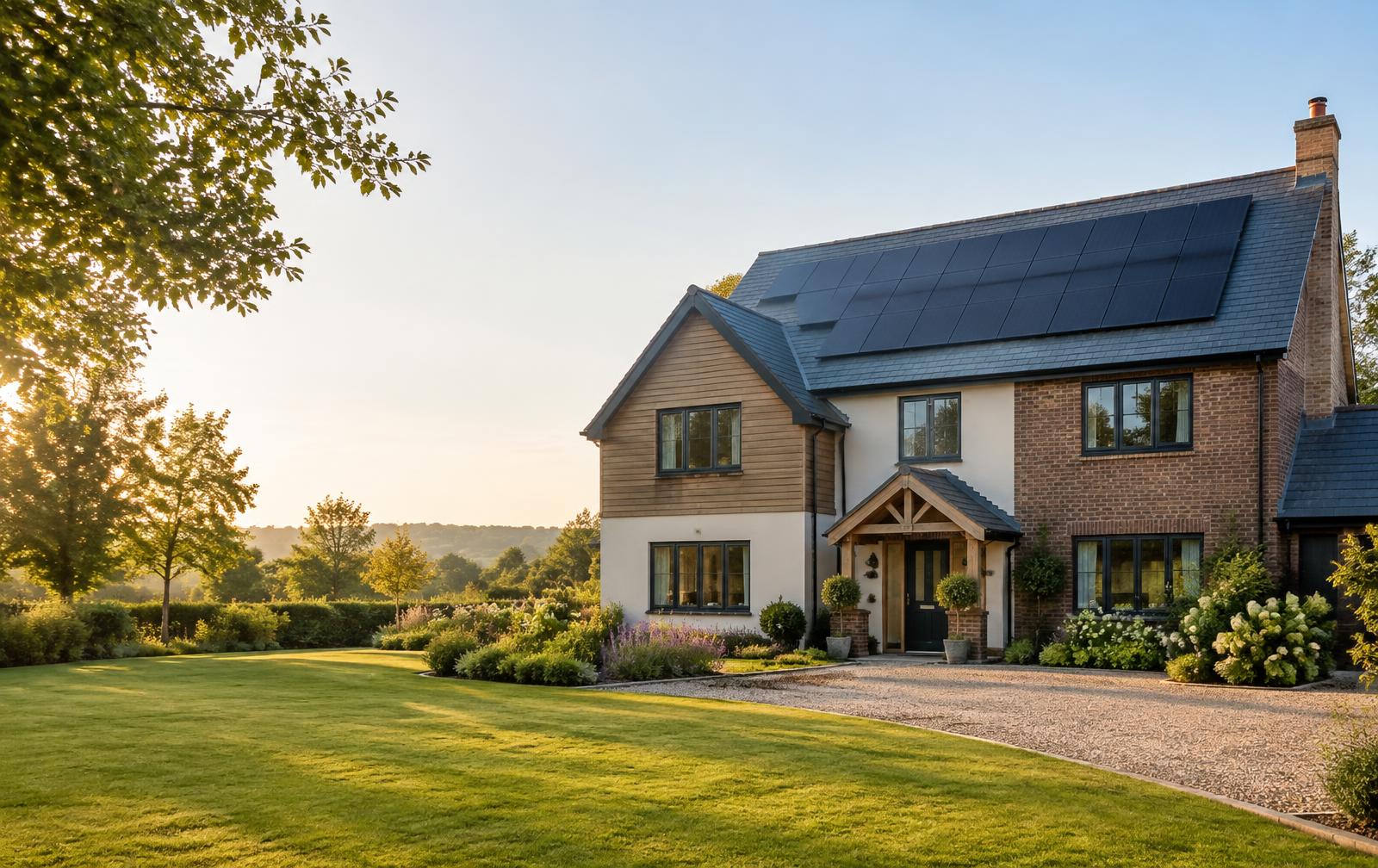 Modern Hampshire home with a roof-mounted solar panel system